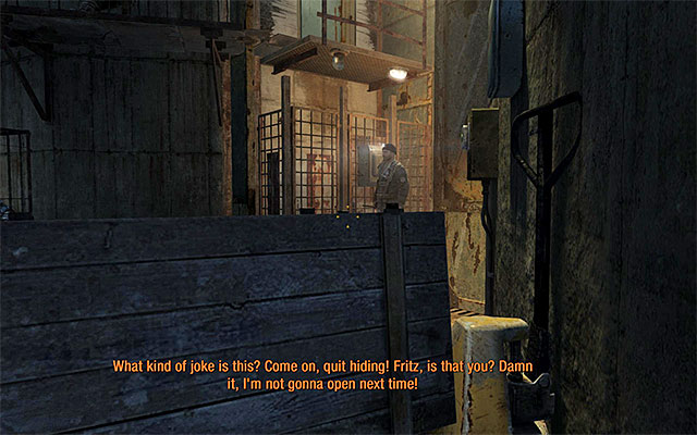 After pressing the button quickly hide behind the crate shown on the screen, because after the lock is open, a new guard will appear here - Follow Pavel and avoid detection | Chapter 3: Pavel - Chapter 3: Pavel - Metro: Last Light Game Guide