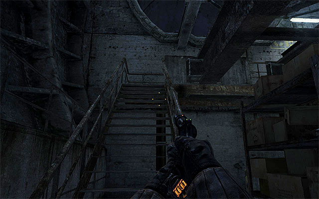 In order to leave that location you have to use the stairs shown on the screen (you might destroy the nearby oil lamp first) - Find a way to get upstairs | Chapter 5: Separation - Chapter 5: Separation - Metro: Last Light Game Guide