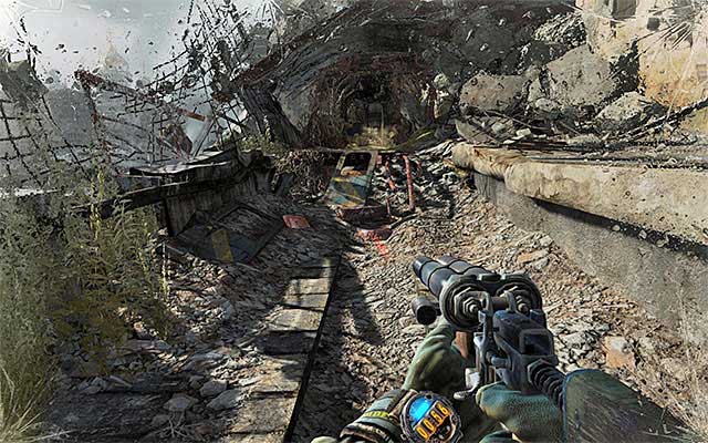 Turn right and enter one of the demolished railway cars ahead of you, which is another linear path - Reach Polis and report your findings about the Reds | Chapter 23: The Crossing - Chapter 23: The Crossing - Metro: Last Light Game Guide