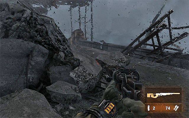 After you reach the demolished part of the bridge, turn left and carefully approach the area shown in the above screenshot - Scale the bridge and find the crossing (1) | Chapter 24: Bridge - Chapter 24: Bridge - Metro: Last Light Game Guide