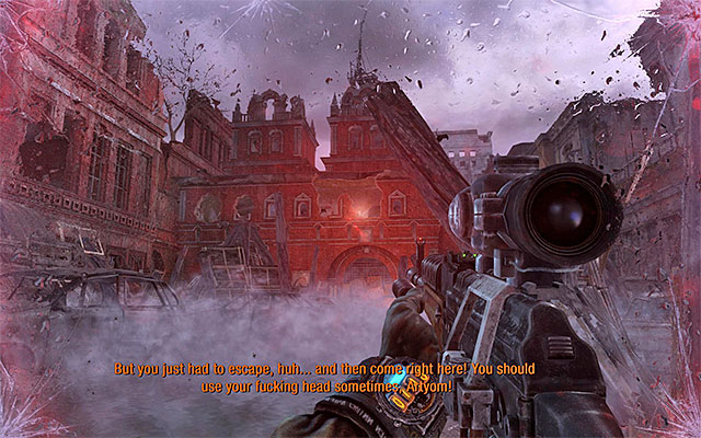 Regardless of how you are going to play it, you need to keep defending yourself until there is only Pavel upstairs (you can tell it by the red beam of the laser sight) - Reach the rangers lighthouse | Chapter 27: Red Square - Chapter 27: Red Square - Metro: Last Light Game Guide