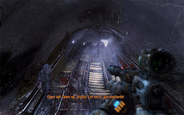 After you go down the stairs, turn around and start shooting at the mutants coming your way, first using long-range weapons, and then your shotgun or something else effective at short quarters - Follow Pavel to the Theater Station | Chapter 8: Echoes - Chapter 8: Echoes - Metro: Last Light Game Guide