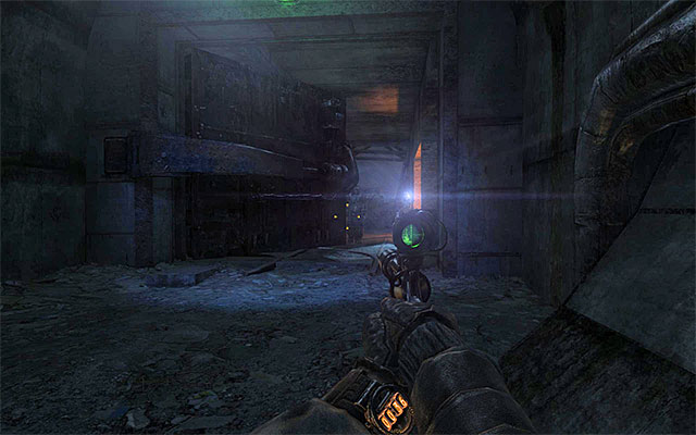 After you squeeze past the enemies, take the path to the right, but retreat and hide behind the barrels as soon as you notice the soldiers shown in the above screenshot - Escape the Red Line territory | Chapter 11: Revolution - Chapter 11: Revolution - Metro: Last Light Game Guide