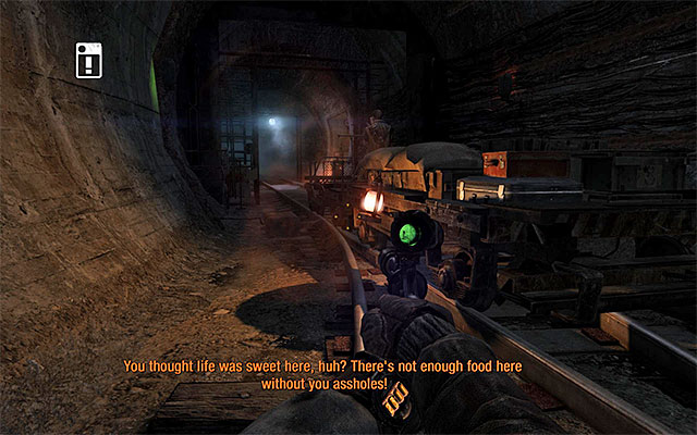 If you are going to save even ore civilians, you will have to reach, quickly, the railway car shown in the above screenshot, with a bandit on it - Find someone to help move the railcar out of the way | Chapter 13: Bandits - Chapter 13: Bandits - Metro: Last Light Game Guide