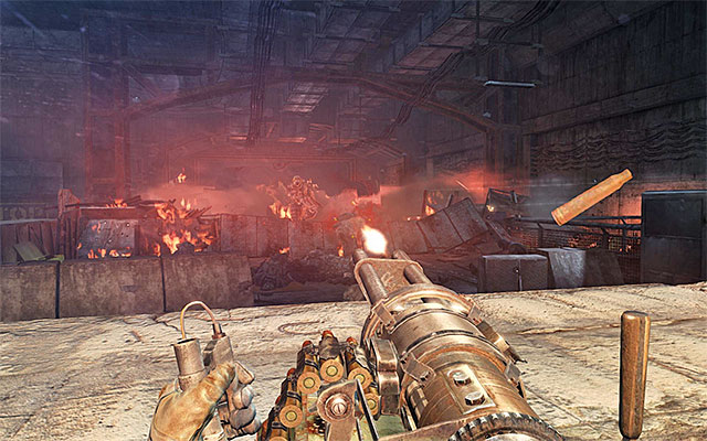 Crouch next to the wall that you have just jumped over, wait for the new units to arrive and discharge the minigun at them - Defend D6 until the bioweapon cache is completely destroyed | Chapter 30: D6 - Chapter 30: D6 - Metro: Last Light Game Guide