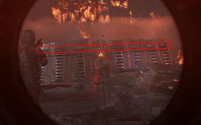 Prepare a weapon with a scope (the sniper rifle or the assault rifle) and aim it at the enemy soldiers - Defend D6 until the bioweapon cache is completely destroyed | Chapter 30: D6 - Chapter 30: D6 - Metro: Last Light Game Guide