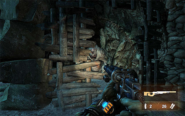 Phase two of the encounter is very similar to the previous instance so, you need to position yourself near the columns and wooden barricades to encourage the monster, in a way, to charge at you and take damage as a result of ramming into the obstacles - Follow the catacombs towards Oktyabrskaya - part 2 | Chapter 18: Undercity - Chapter 18: Undercity - Metro: Last Light Game Guide