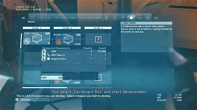 You may unlock the cardboard box when your research squad will level up - Completing the basic training on the Mother Base | Walkthrough - Mission 2 - Diamond Dogs - Metal Gear Solid V: The Phantom Pain Game Guide & Walkthrough