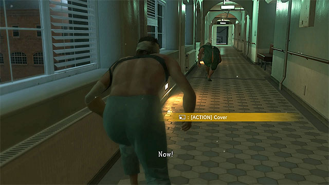 Sneak past while sticking to the left wall and do not let yourself be seen by the helicopter crew - Leaving the hospital | Walkthrough - Mission 0 - Prologue: Awakening - Metal Gear Solid V: The Phantom Pain Game Guide & Walkthrough