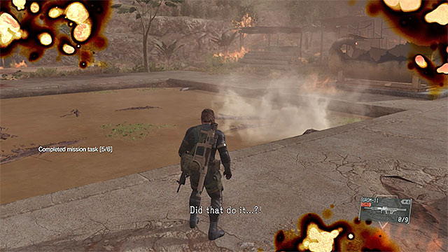 If you did this the right way, Man on Fire should land in the water (the screen above) and the floating boy wont be able to help him - How to defeat the Man on Fire? | Walkthrough - Mission 20 - Voices - Metal Gear Solid V: The Phantom Pain Game Guide & Walkthrough