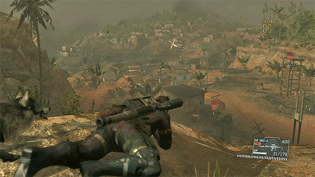 If you decided to cross the village, watch out for the large numbers of enemies. - Reaching the oilfield | Walkthrough - Mission 13 - Pitch Dark - Metal Gear Solid V: The Phantom Pain Game Guide & Walkthrough