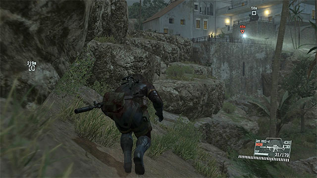 Climb the rocks to the left of the mansion. - Locating Code Talker | Walkthrough - Mission 28 - Code Talker - Metal Gear Solid V: The Phantom Pain Game Guide & Walkthrough