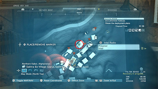 The prisoner that you look for is held at Qarya Sakhra Ee - Remaining Occupation Forces secondary mission objectives | Walkthrough - Mission 8 - Occupation Forces - Metal Gear Solid V: The Phantom Pain Game Guide & Walkthrough