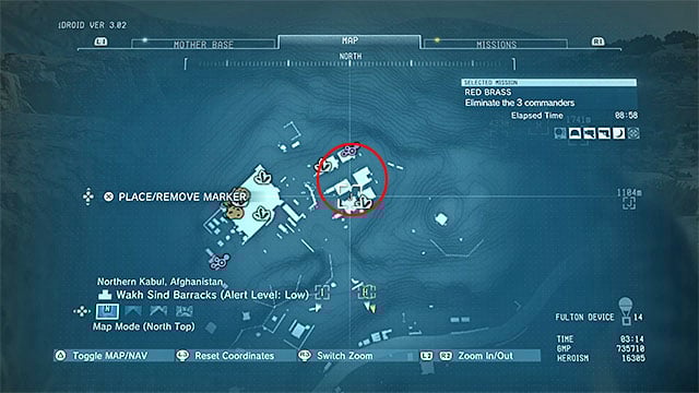 The main location of the second commander is Wakh Sind Barracks, but right after the mission starts, he will go to Da Wialo Kallai to meet the rest of the officers - Locating the three commanders | Walkthrough - Mission 7 - Red Brass - Metal Gear Solid V: The Phantom Pain Game Guide & Walkthrough