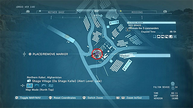 The third commander is in Da Shago Kallai, but as soon as the mission starts, he will get into the vehicle and head to Da Wialo Kallai - Locating the three commanders | Walkthrough - Mission 7 - Red Brass - Metal Gear Solid V: The Phantom Pain Game Guide & Walkthrough