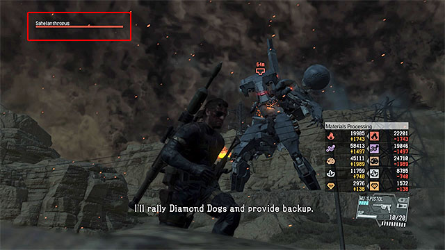 Sahelanthropus health bar can be found in the upper left corner of the screen. - How to defeat Sahelanthropus? | Walkthrough - Mission 31 - Sahelanthropus - Metal Gear Solid V: The Phantom Pain Game Guide & Walkthrough