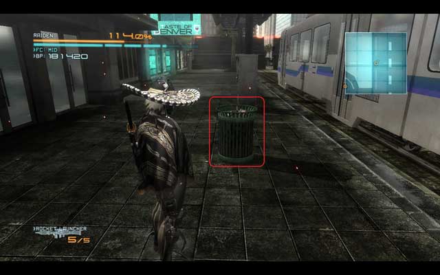 A Data Storage, nicely hidden in a dustbin. - R-05 Escape From Denver - The Main Campaign - walkthrough - Metal Gear Rising: Revengeance - Game Guide and Walkthrough