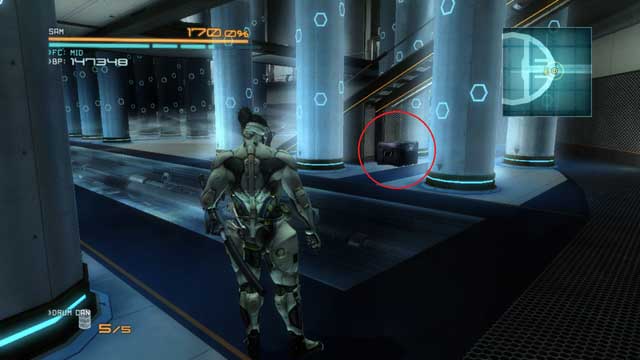 The niftily hidden crate with Endurance Plus, under the stairs. - Boss - Metal Gear Ray - DLC - Jetstream Sam - walkthrough - Metal Gear Rising: Revengeance - Game Guide and Walkthrough