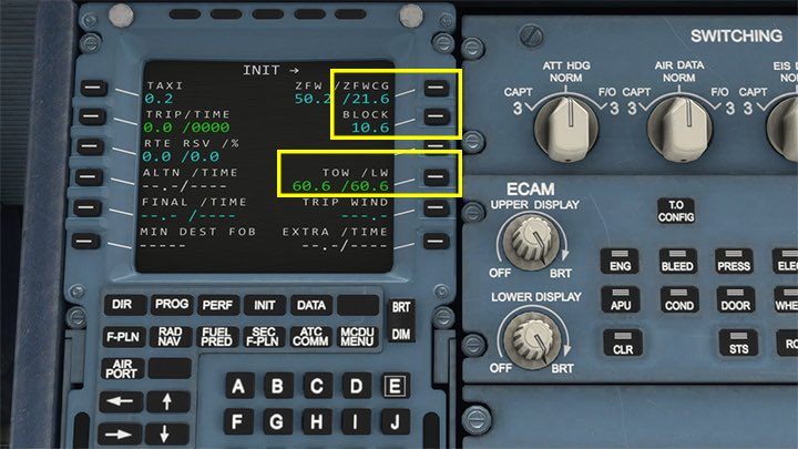 Here you should check and confirm the distribution of the center of gravity - the number ZFWCG, that is, zero Fuel Center of Gravity, the amount of fuel BLOCK and the total mass TOW - Microsoft Flight Simulator: How to program MCDU on-board computer? - Passenger aircraft - Microsoft Flight Simulator 2020 Guide