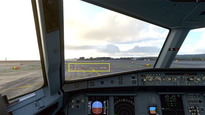 Stop just before entering the lane, which is a thicker line with a white-red lane code - Microsoft Flight Simulator: Taxiing and take-off of a passenger aircraft - Example flight - Microsoft Flight Simulator 2020 Guide