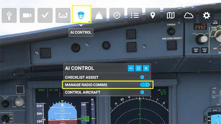 This is a good time to select AI CONTROL functions from the toolbar and transmit radio communication to it (Manage Radio Comms)- otherwise you will have to confirm different messages every now and then - Microsoft Flight Simulator: Taxiing and take-off of a passenger aircraft - Example flight - Microsoft Flight Simulator 2020 Guide