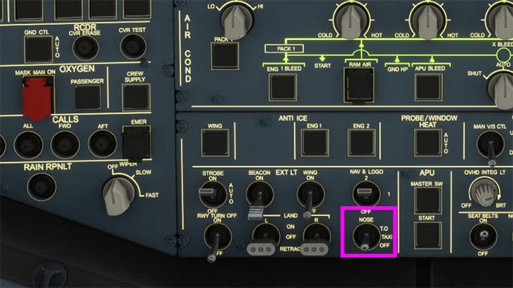 On the Overhead panel, switch the NOSE lights to the start position T - Microsoft Flight Simulator: Taxiing and take-off of a passenger aircraft - Example flight - Microsoft Flight Simulator 2020 Guide