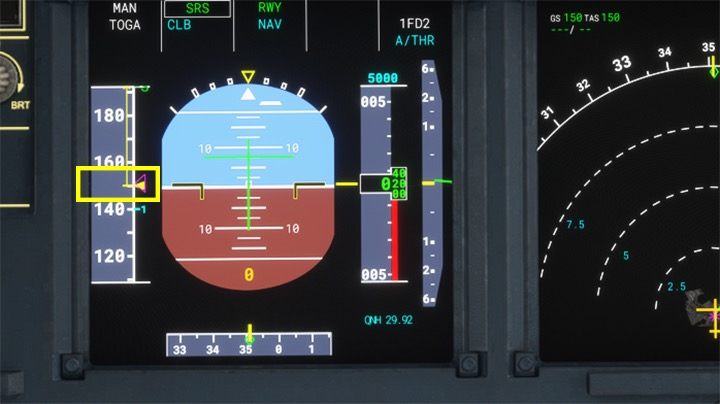 The pink triangle on the speed indicator indicates the calculated speed from the computer Vr that is, to lift up - Microsoft Flight Simulator: Taxiing and take-off of a passenger aircraft - Example flight - Microsoft Flight Simulator 2020 Guide