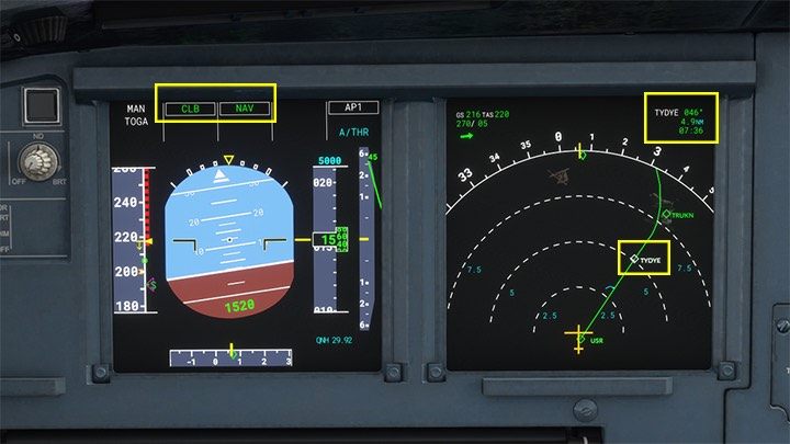 The correct operation of the Autopilot is confirmed by the NAV and CLB (Climb) messages on the PFD monitor and the fact that the aircraft began to turn towards the next navigation point - Microsoft Flight Simulator: Taxiing and take-off of a passenger aircraft - Example flight - Microsoft Flight Simulator 2020 Guide