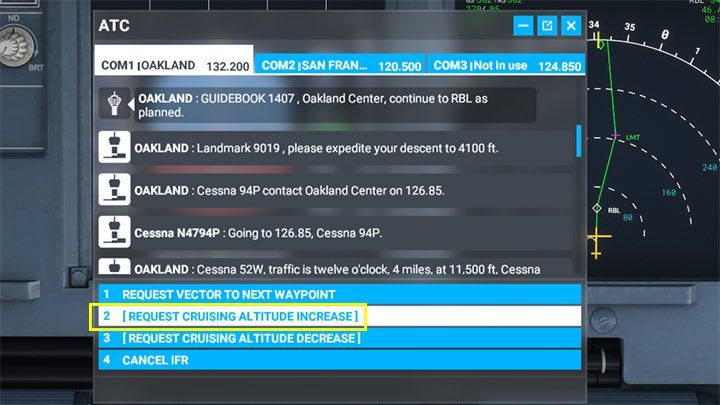 If, for some reason, you want to increase/decrease the cruising altitude, for example, to the one recorded in the flight plan, you can ask in the communication menu to change the altitude by the specified amount by selecting: Request Cruising Altitude Increase / Decrease - Microsoft Flight Simulator: Taxiing and take-off of a passenger aircraft - Example flight - Microsoft Flight Simulator 2020 Guide