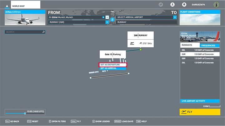 Click any of the dots marked as gate to select a launch location and then set as departure - Microsoft Flight Simulator: How to create passenger aircraft flight plan? - Passenger aircraft - Microsoft Flight Simulator 2020 Guide
