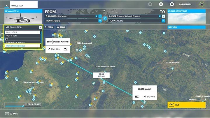 In this field, change the route type from direct to high-Altitude Airways - Microsoft Flight Simulator: How to create passenger aircraft flight plan? - Passenger aircraft - Microsoft Flight Simulator 2020 Guide