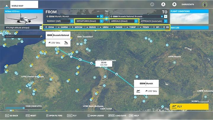 The flight Plan was enriched with navigation points on the corridor route to Brussels and the possibility to choose the Departures, Arrivals and Approach - Microsoft Flight Simulator: How to create passenger aircraft flight plan? - Passenger aircraft - Microsoft Flight Simulator 2020 Guide