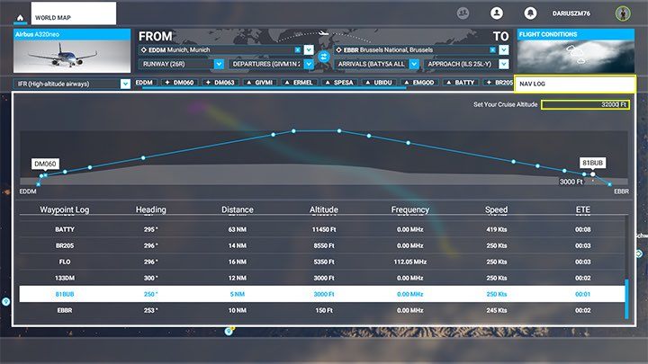 By clicking NAV LOG on the right, you can view a cross-section of the flight plan from the altitude profile provided for each navigation point - Microsoft Flight Simulator: How to create passenger aircraft flight plan? - Passenger aircraft - Microsoft Flight Simulator 2020 Guide
