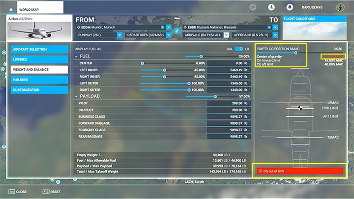 If the MAC Center of gravity distribution is Red, use the slider at the top to better distribute the weight of the cargo on board - Microsoft Flight Simulator: How to create passenger aircraft flight plan? - Passenger aircraft - Microsoft Flight Simulator 2020 Guide