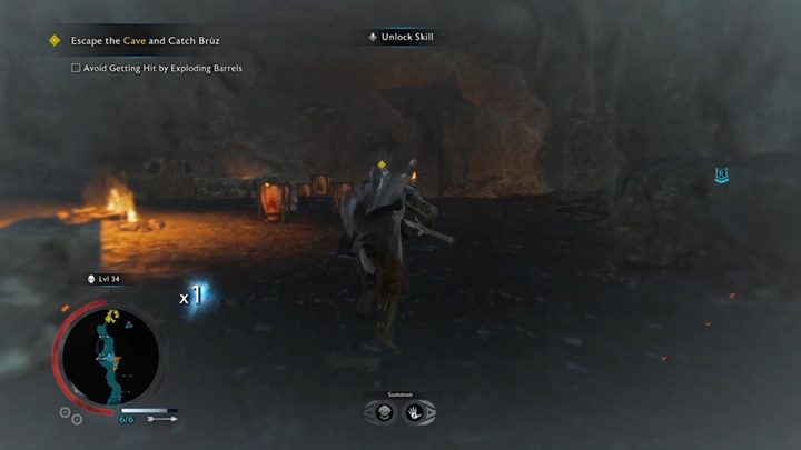 Get around the barrels and run for the exit. - Shadow of War: A Sighting - Walkthrough - Act 2 - Rise to Power - Middle-earth: Shadow of War Game Guide