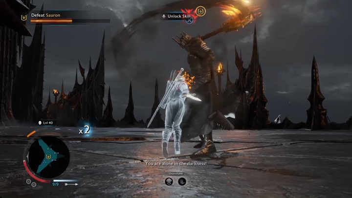 Try to attack Sauron from behind. - Shadow of War: Final Mission - Bright Lord - Walkthrough - Act 3 - Shadow and Flame - Middle-earth: Shadow of War Game Guide