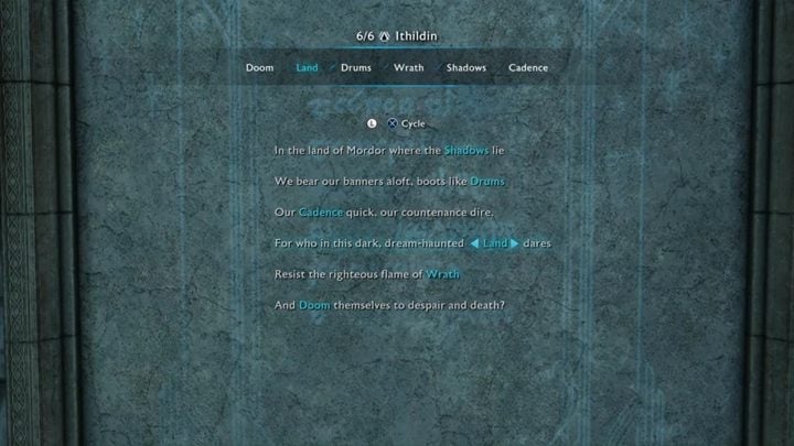 Available words: Doom, Land, Drums, Wrath, Shadows, Cadence - Shadow of War: How to open all Ithildin doors (poems)? - FAQ - Middle-earth: Shadow of War Game Guide