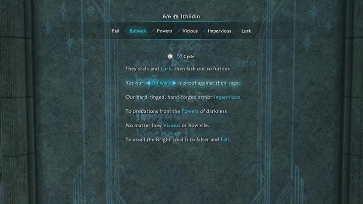 Available words: Fail, Bulwark, Powers, Vicious, Impervious, Lurk - Shadow of War: How to open all Ithildin doors (poems)? - FAQ - Middle-earth: Shadow of War Game Guide