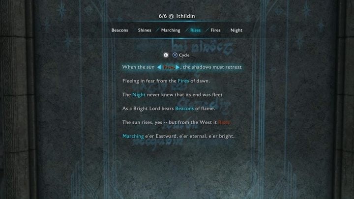 Available words: Beacons, Shines, Marching, Rises, Fires, Night - Shadow of War: How to open all Ithildin doors (poems)? - FAQ - Middle-earth: Shadow of War Game Guide