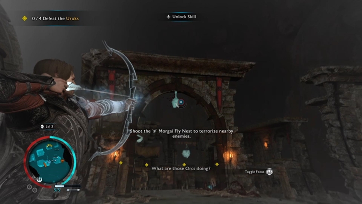 Shoot down the Morgai Fly Nest. - Shadow of War: Knife in the Dark - Walkthrough - Act 1 - The Siege of Minas Ithil - Middle-earth: Shadow of War Game Guide