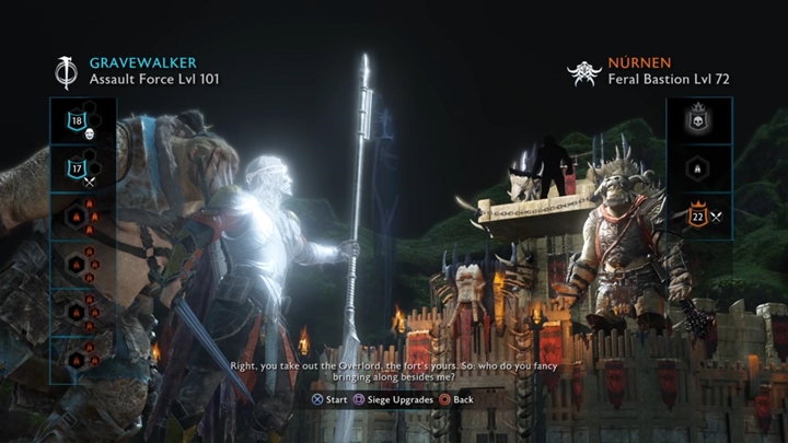 Choose allies that will join you in the assault and buy some upgrades. - Shadow of War: Siege of Nurnen - Walkthrough - Act 2 - Rise to Power - Middle-earth: Shadow of War Game Guide