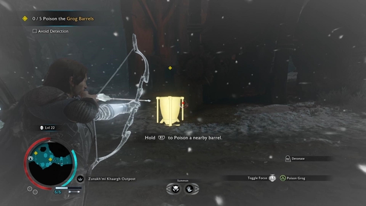 Poison the barrels and then hide in bushes. - Shadow of War: The Uninvited - Walkthrough - Act 2 - Rise to Power - Middle-earth: Shadow of War Game Guide