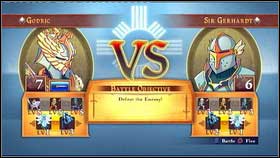 Properly equipped, talk with the man in front of the arena to get inside [1] - Holy Griffin Empire - p. 2 - Walkthrough - Might & Magic: Clash of Heroes - Game Guide and Walkthrough