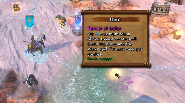 The chest containing the Flower of Dolor is easy to miss, as it is located underwater. - The Story of Princess Ghali and the Four Suitors M24 | Academy - Academy - Might & Magic: Heroes VII Game Guide & Walkthrough
