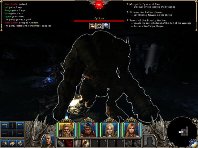 The above screen show a phase of the fight with one of Cyclops, opponents with huge mace, who deal damage with one hit to all of your heroes - Fighting - Might & Magic X: Legacy - Game Guide and Walkthrough