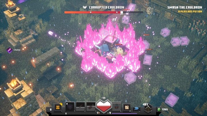 From time to time the Corrupted Cauldron will set the around him on fire - Minecraft Dungeons: Corrupted Cauldron boss fight walkthrough - Bosses - Minecraft Dungeons Guide