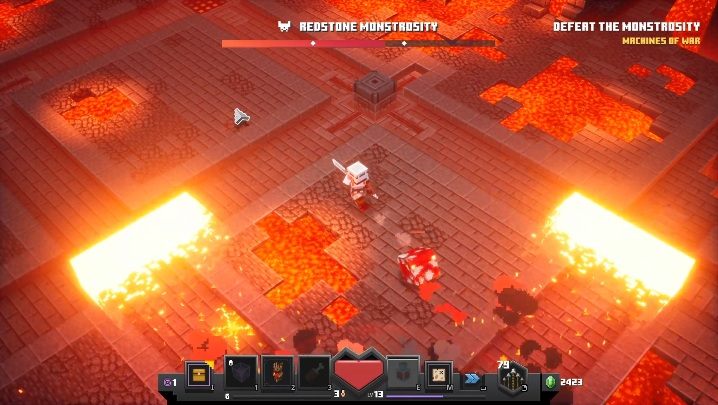 A special attack which you can use to get rid of your opponents is a lava explosion - Minecraft Dungeons: Redstone Monstrosity boss fight walkthrough - Bosses - Minecraft Dungeons Guide
