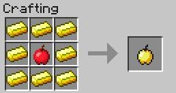 The Golden Apple can be eaten at full health, it introduces the state of regeneration for 4 seconds, and of absorption (additional health hearts) for 2 minutes - Minecraft: Food - recipes, list, crafting - Recipes - Minecraft Guide