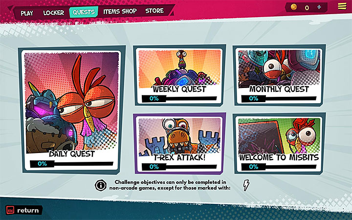 The list of all available challenges is in the Quests tab - Quests Challenges in MisBits - Basics - MisBits Guide