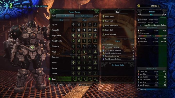 Baan Armor - stats and resistances - Armors - Low Rank in Monster Hunter World - Workshop - Monster Hunter World Game Guide